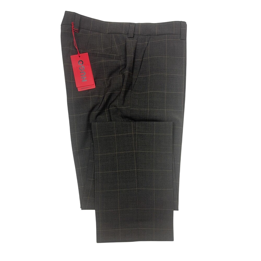 Hugo Boss Dress Pants Mens 34x32 Brown Check Tom232X Modern Fit Stretch